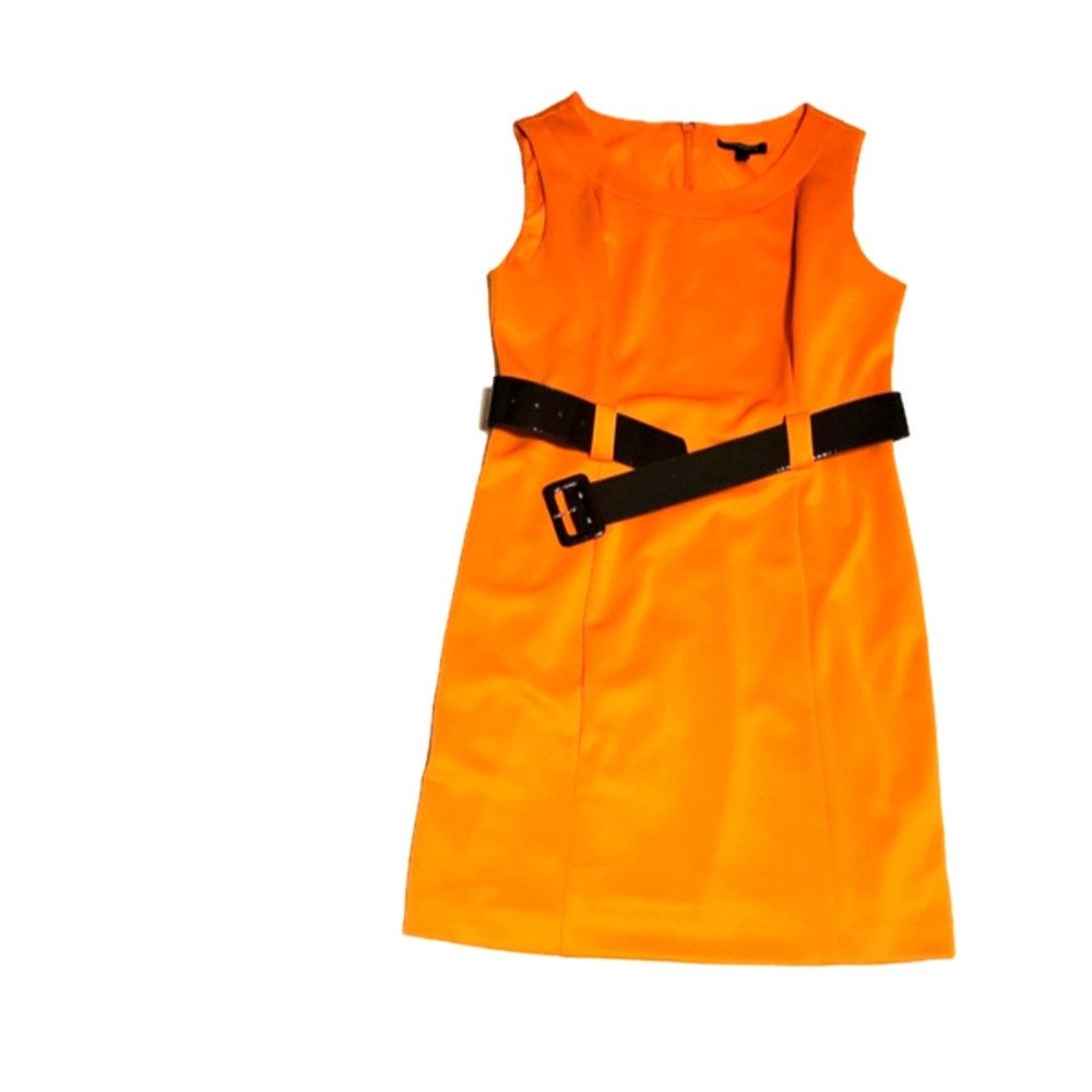 Sharango orange dress with black belt thru oversized belt loops. Zipper in back